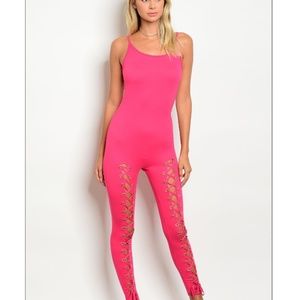 Hot pink lace up jumpsuit